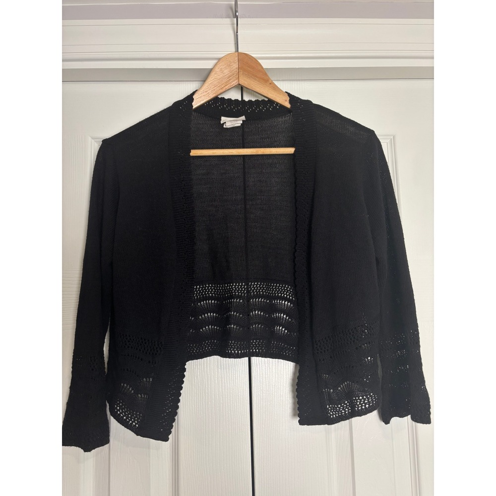 Sweet Kizz Vintage 90s Black Pointelle Knit Cropped Open Cardigan Made in NYC S